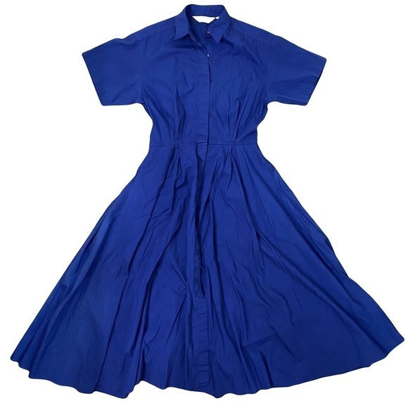 Vtg LANDS’ END Vintage Cobalt Navy blue pleated Shirt Dress Womens size M - Picture 2 of 12